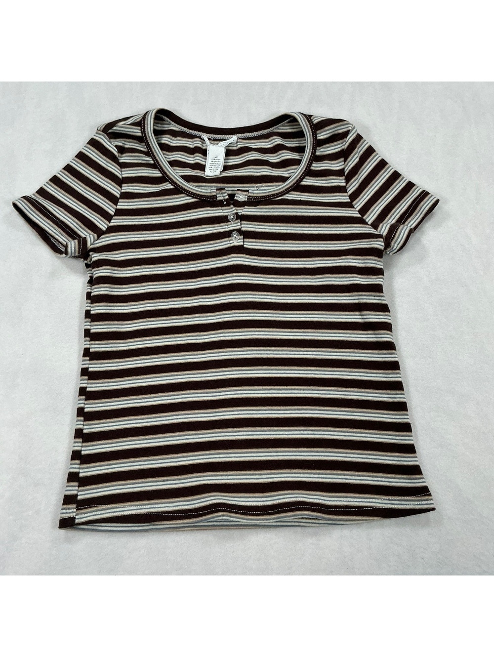 Full Tilt Brown and Cream Striped Short Sleeve Top, Size M